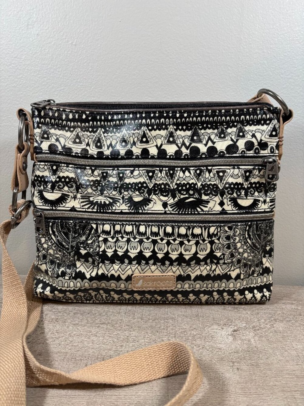 Sakroots Artists Circle Coated Canvas Crossbody Purse Black White Geometric